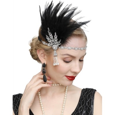 Headbands Art Deco 1920s Flapper Great Gatsby Leaf Wedding Bridal Tiara Pearl Headpiece Headband with Feather - 2-black - CR1...