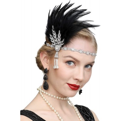 Headbands Art Deco 1920s Flapper Great Gatsby Leaf Wedding Bridal Tiara Pearl Headpiece Headband with Feather - 2-black - CR1...