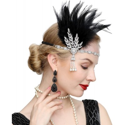 Headbands Art Deco 1920s Flapper Great Gatsby Leaf Wedding Bridal Tiara Pearl Headpiece Headband with Feather - 2-black - CR1...