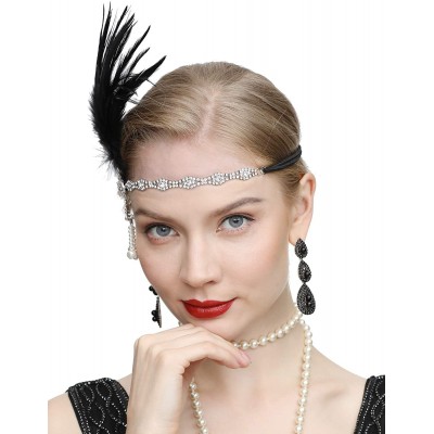 Headbands Art Deco 1920s Flapper Great Gatsby Leaf Wedding Bridal Tiara Pearl Headpiece Headband with Feather - 2-black - CR1...