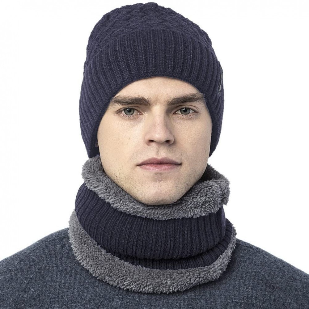 Skullies & Beanies Winter Fluff Lined Beanie Hat Knit Skull Cap - Navy With Neck Warmer - C112O25PCCT $16.11