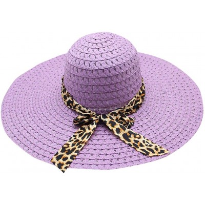 Sun Hats Women Lady Leopard Ribbon Mesh Wide Brim Floppy Beach Hat Straw Hat Sun Hat - Purple - CO18OQRZK6G $9.73