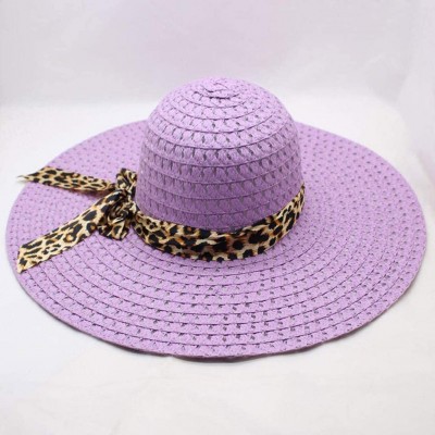 Sun Hats Women Lady Leopard Ribbon Mesh Wide Brim Floppy Beach Hat Straw Hat Sun Hat - Purple - CO18OQRZK6G $9.73