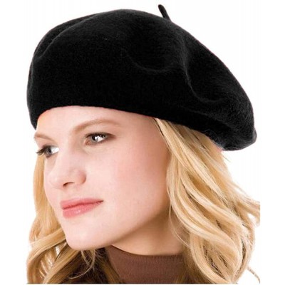 Berets Womens Solid Color Beret 100% Wool French Beanie Cap Hat - Black - CK18O6KD3TI $7.83