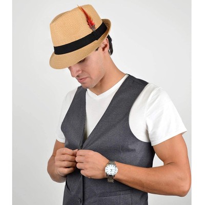 Fedoras Unisex Summer Short Brim Fedora - Hats for Men & Women + Panama Hats & Straw Hats - Straw Feather - CB182AEXK3L $14.63