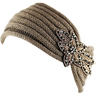 Headbands Sequin Knit Headband with Flower Decoration - Khaki - CZ12MCUBV9V $7.78