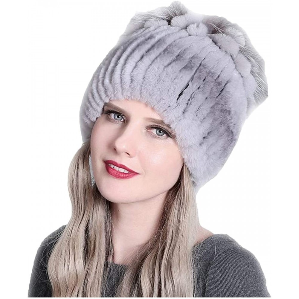 Skullies & Beanies Fur Hat Real Rex Rabbit Fur and Silver Fox Fur Top Flower Shape Cap Women Elastic Winter Warm - Gray - CC1...