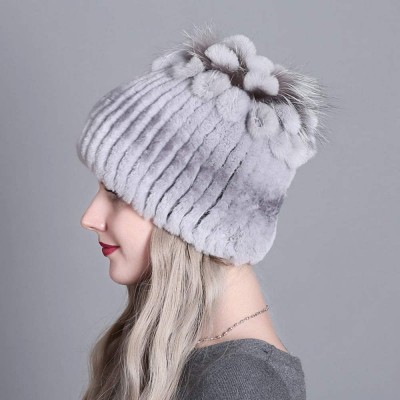 Skullies & Beanies Fur Hat Real Rex Rabbit Fur and Silver Fox Fur Top Flower Shape Cap Women Elastic Winter Warm - Gray - CC1...