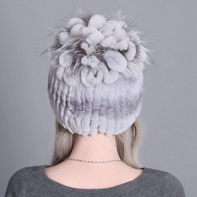 Skullies & Beanies Fur Hat Real Rex Rabbit Fur and Silver Fox Fur Top Flower Shape Cap Women Elastic Winter Warm - Gray - CC1...