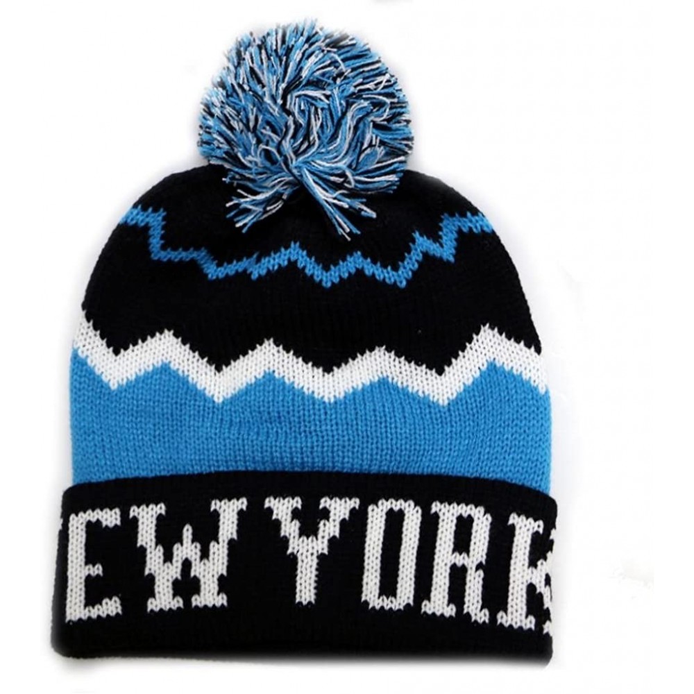 Skullies & Beanies Zig Zag Pattern New York Pom Pom Knit Hat - Black/Teal - C911OQ8E00P $12.18