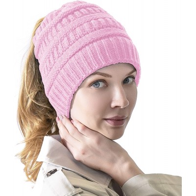Skullies & Beanies Women's Knitted Messy Bun Hat Ponytail Beanie Baggy Chunky Stretch Slouchy Winter - Pink - CY18YMEALDG $19.11