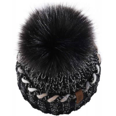 Skullies & Beanies Knit Slouchy Beanie Hats for Women Winter - Warm Chunky Fleece Lined Beanies with Pompom - Black 1 - CG18Y...