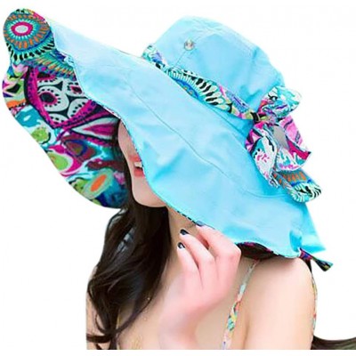 Sun Hats Women Print Two-Side Big Brim Straw Hat Sun Floppy Wide Brim Hats Beach Cap - Blue - C018NOTH95R $9.17