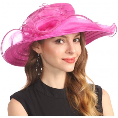 Sun Hats Women Organza Kentucky Derby Church Dress Cloche Hat Fascinator Floral Tea Party Wedding Bucket Hat S053 - Rose - C0...