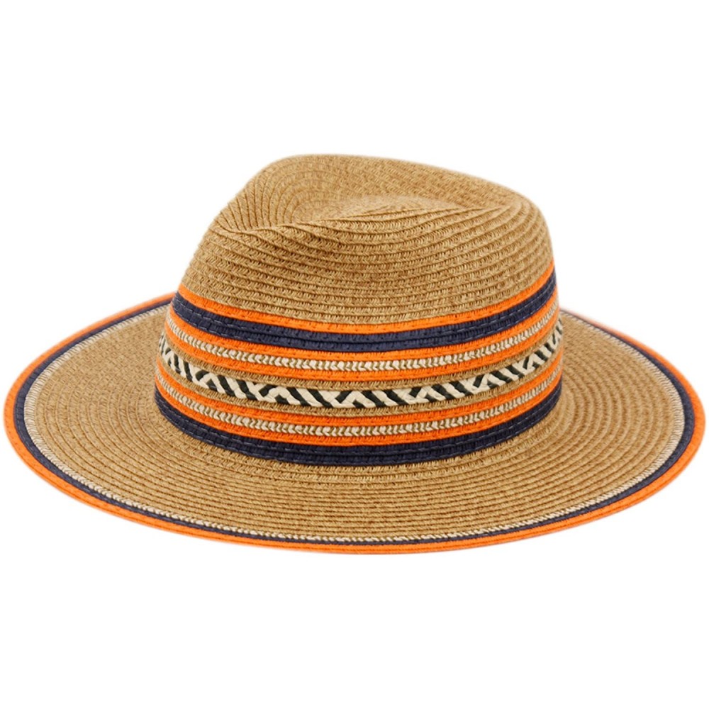 Fedoras Cute Straw Fedora Hat w/Chevron & Stripe Accent - Adjustable Inner Drawstring - Natural/Orange - CW12NW8037G $12.62