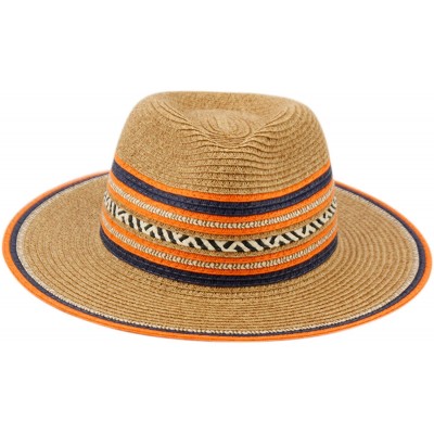 Fedoras Cute Straw Fedora Hat w/Chevron & Stripe Accent - Adjustable Inner Drawstring - Natural/Orange - CW12NW8037G $12.62