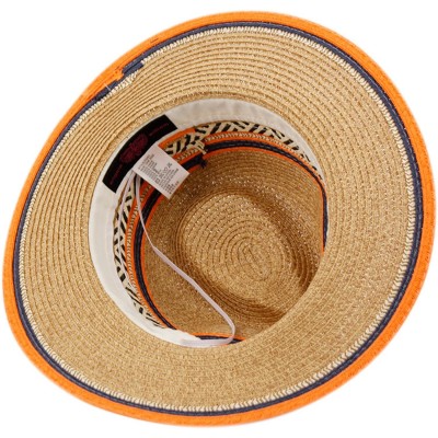 Fedoras Cute Straw Fedora Hat w/Chevron & Stripe Accent - Adjustable Inner Drawstring - Natural/Orange - CW12NW8037G $12.62