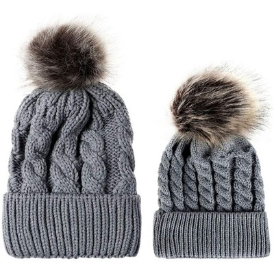 Berets Mom And Baby Knitting Wool Hemming Hat Keep Warm Winter Fur Ball Hat Cap - Gray - CM18IRTY55E $18.73