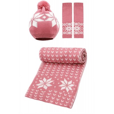 Skullies & Beanies Women Scarf & Glove Set- Knitted Snowflake Detail & Matching Beanie Cap - Pink - CU188N86ZY7 $16.82