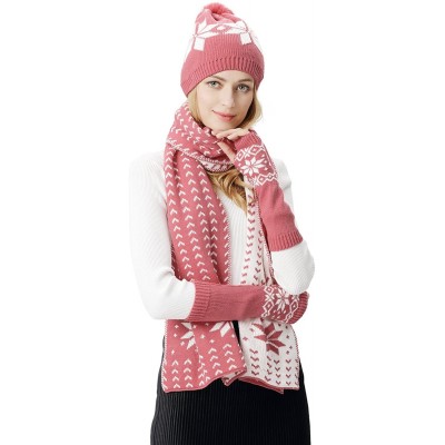 Skullies & Beanies Women Scarf & Glove Set- Knitted Snowflake Detail & Matching Beanie Cap - Pink - CU188N86ZY7 $16.82