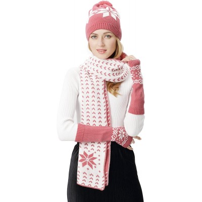 Skullies & Beanies Women Scarf & Glove Set- Knitted Snowflake Detail & Matching Beanie Cap - Pink - CU188N86ZY7 $16.82