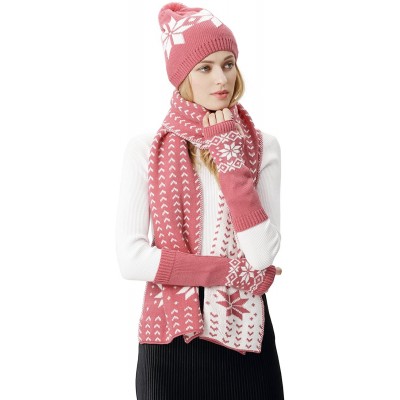 Skullies & Beanies Women Scarf & Glove Set- Knitted Snowflake Detail & Matching Beanie Cap - Pink - CU188N86ZY7 $16.82