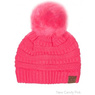 Skullies & Beanies Exclusive Soft Stretch Cable Knit Faux Fur Pom Pom Beanie Hat - New Candy Pink - CO12N1JOF99 $31.79