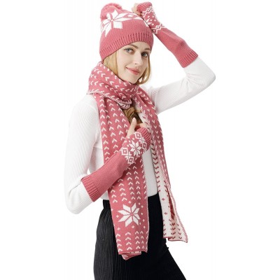Skullies & Beanies Women Scarf & Glove Set- Knitted Snowflake Detail & Matching Beanie Cap - Pink - CU188N86ZY7 $16.82