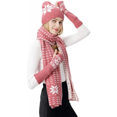 Skullies & Beanies Women Scarf & Glove Set- Knitted Snowflake Detail & Matching Beanie Cap - Pink - CU188N86ZY7 $16.82