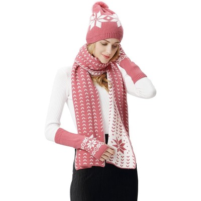 Skullies & Beanies Women Scarf & Glove Set- Knitted Snowflake Detail & Matching Beanie Cap - Pink - CU188N86ZY7 $16.82