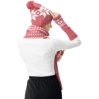 Skullies & Beanies Women Scarf & Glove Set- Knitted Snowflake Detail & Matching Beanie Cap - Pink - CU188N86ZY7 $16.82