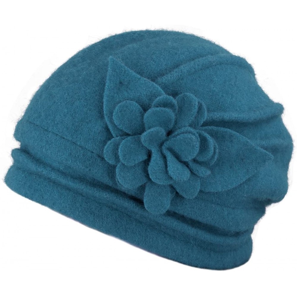 Bucket Hats Women's Elegant Flower Wool Cloche Bucket Slouch Hat - Teal Blue - C41174WWTKD $29.76