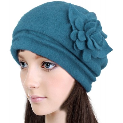 Bucket Hats Women's Elegant Flower Wool Cloche Bucket Slouch Hat - Teal Blue - C41174WWTKD $29.76