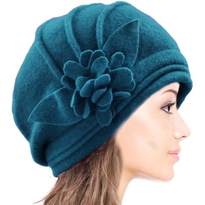 Bucket Hats Women's Elegant Flower Wool Cloche Bucket Slouch Hat - Teal Blue - C41174WWTKD $29.76