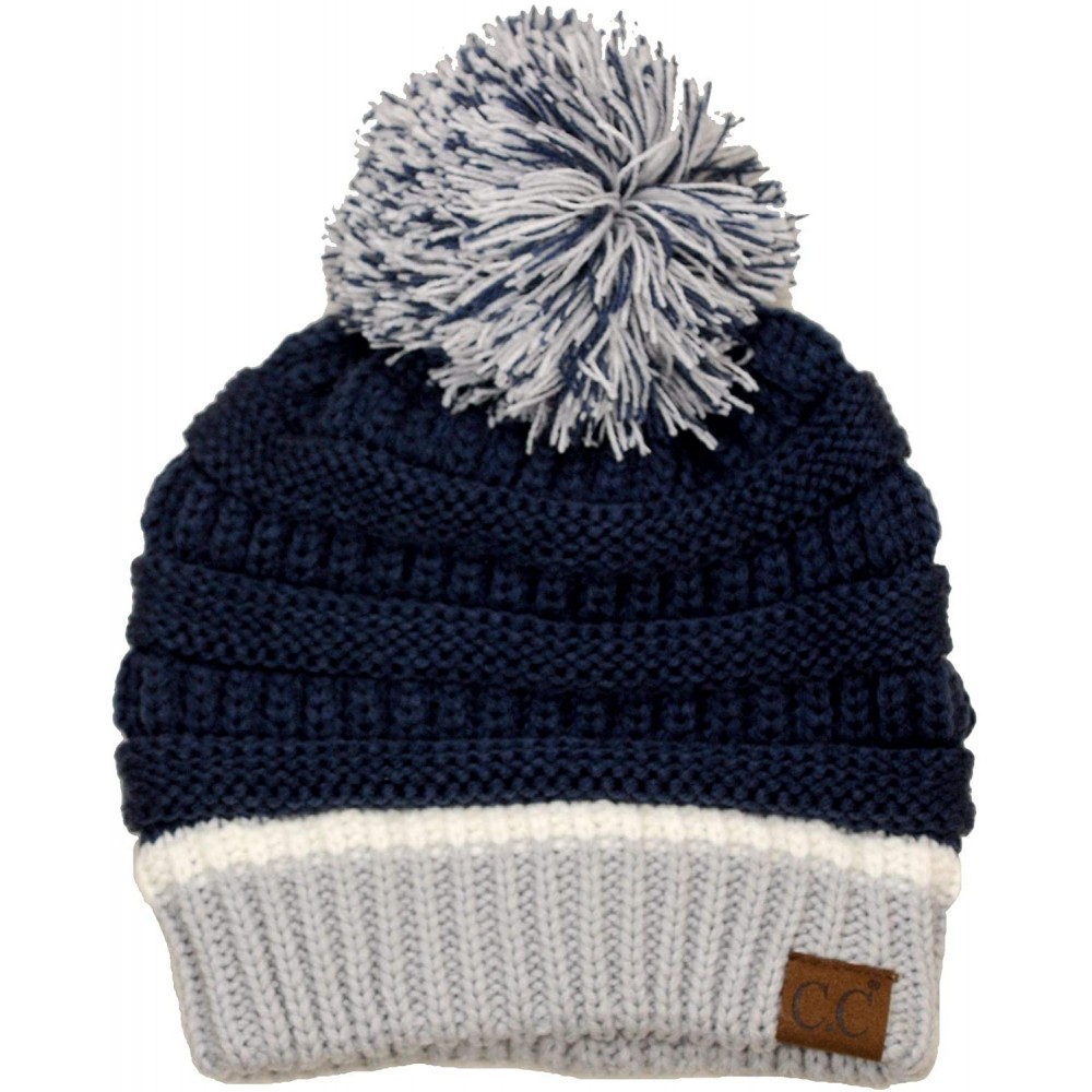 Skullies & Beanies Unisex College High School Team Color Two Tone Pom Pom Knit Beanie Hat - Navy/Silver - CY18AIQOYGN $15.00