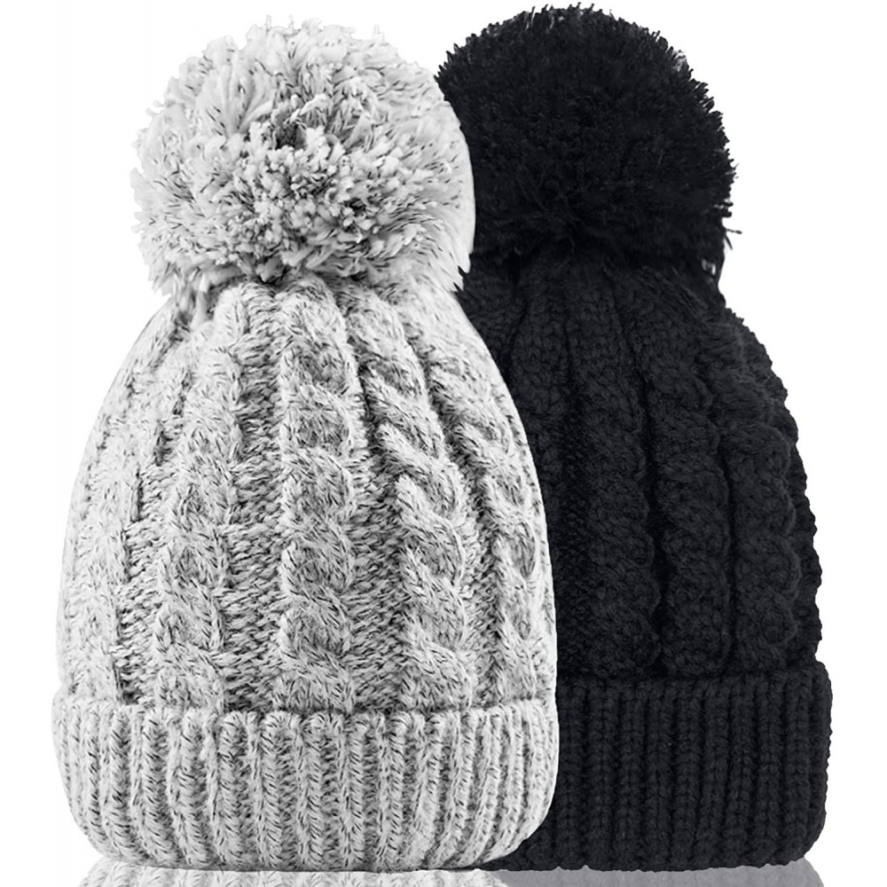 Skullies & Beanies Women's Winter Beanie Warm Fleece Lining - Thick Slouchy Cable Knit Skull Hat Ski Cap - Grey+black - CA18K...