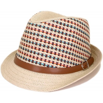 Fedoras Multicolor Cowboy Cowgirl Fedora Straw Hat w/Leather Band- Blue - CR11G2UB8TL $11.97