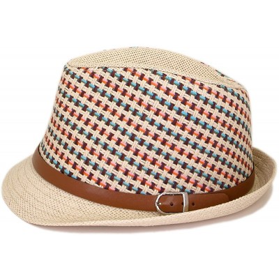 Fedoras Multicolor Cowboy Cowgirl Fedora Straw Hat w/Leather Band- Blue - CR11G2UB8TL $11.97