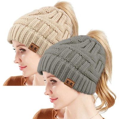 Skullies & Beanies Beanie Hat Ponytail BeanieTail - C Grey+beige - CR18HTYHAKW $11.37