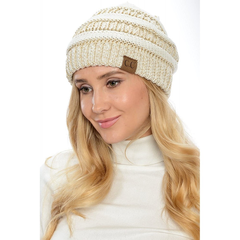 Skullies & Beanies USA Trendy Warm Chunky Soft Stretch Cable Knit Slouchy Beanie - Ivory/Metallic Gold - CO12NDSLNE7 $11.66