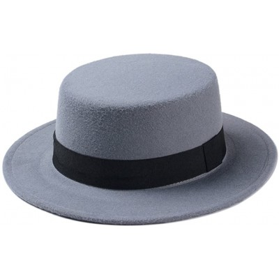 Fedoras Women Boater Hat Bowler Sailor Wide Brim Flat Top Caps Wool Blend - Gray - C0184HH4G5I $12.52