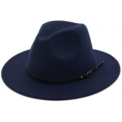 Fedoras Women's Classic Wide Brim Fedora Hat with Belt Buckle Felt Panama Hat - Navy - CX18KCEGWTH $13.95