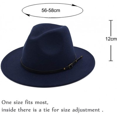 Fedoras Women's Classic Wide Brim Fedora Hat with Belt Buckle Felt Panama Hat - Navy - CX18KCEGWTH $13.95