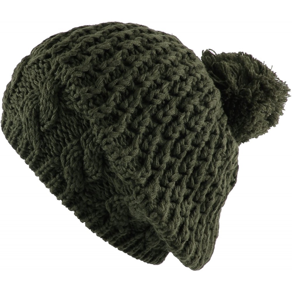 Berets Thick Crochet Knit Pom Pom Beret Winter Ski Hat - Olive - CR188MENQY9 $9.39