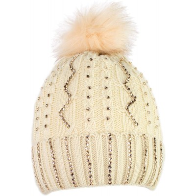 Skullies & Beanies Bling Rhinestone Knit Beanie Hat Warm Double Layer Fleece Toboggan Cap with Pom - Ivory - CQ18ZO8Y83L $15.97
