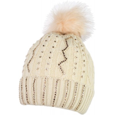 Skullies & Beanies Bling Rhinestone Knit Beanie Hat Warm Double Layer Fleece Toboggan Cap with Pom - Ivory - CQ18ZO8Y83L $15.97