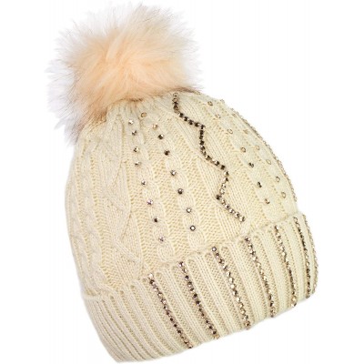 Skullies & Beanies Bling Rhinestone Knit Beanie Hat Warm Double Layer Fleece Toboggan Cap with Pom - Ivory - CQ18ZO8Y83L $15.97