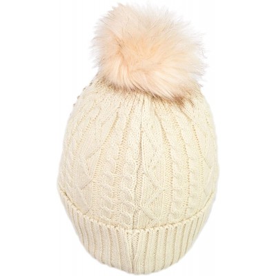 Skullies & Beanies Bling Rhinestone Knit Beanie Hat Warm Double Layer Fleece Toboggan Cap with Pom - Ivory - CQ18ZO8Y83L $15.97