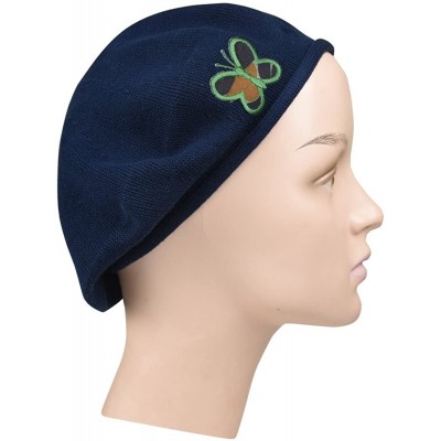 Berets 100% Cotton Beret French Ladies Hat with Army Butterfly Applique - Navy - CF182Q3X8O5 $22.38