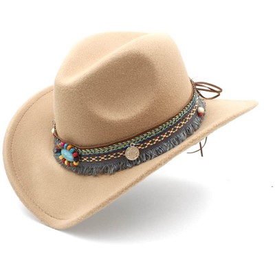 Cowboy Hats Womens Fashion Western Cowboy Hat For Lady Tassel Felt Cowgirl Sombrero Caps Hats - Khaki - C118DXEYTND $30.31